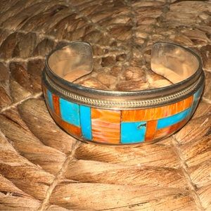 Genuine Turquoise and Rare Orange Spiny Oyster Bangle